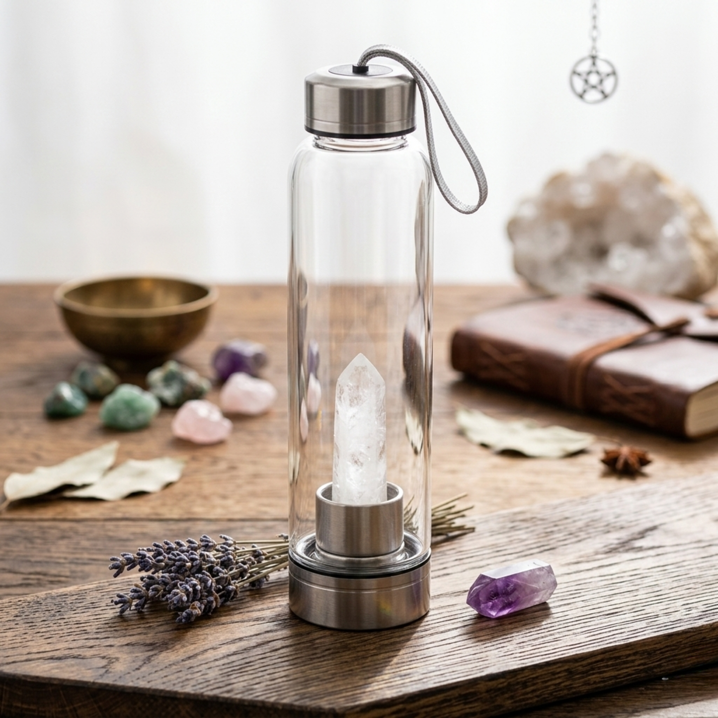 Clear Quartz Energising Glass Water Bottle
