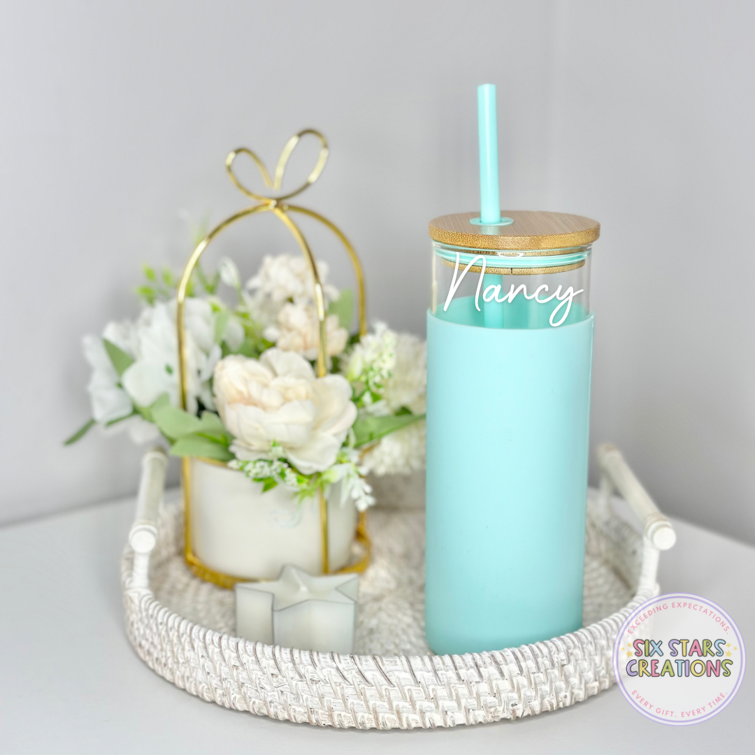 Pastel Mint Glass Bottle With Bamboo Lid & Straw