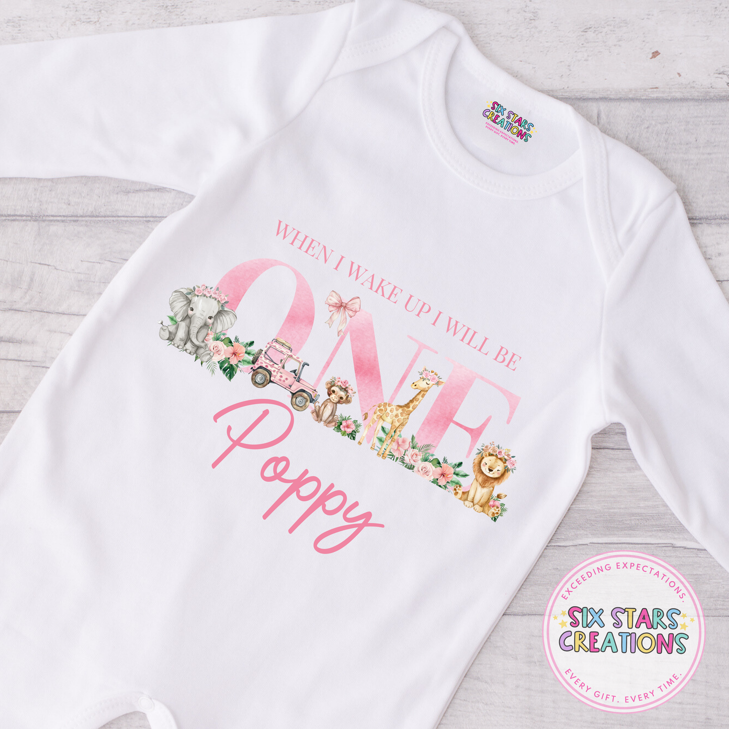 Personalised Birthday Romper - When I Wake Up Pink Floral Safari 1-5 Design