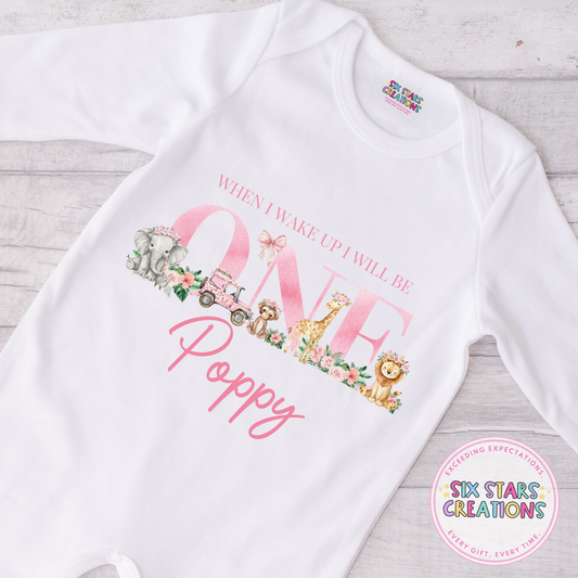 Personalised Birthday Romper - When I Wake Up Pink Floral Safari 1-5 Design