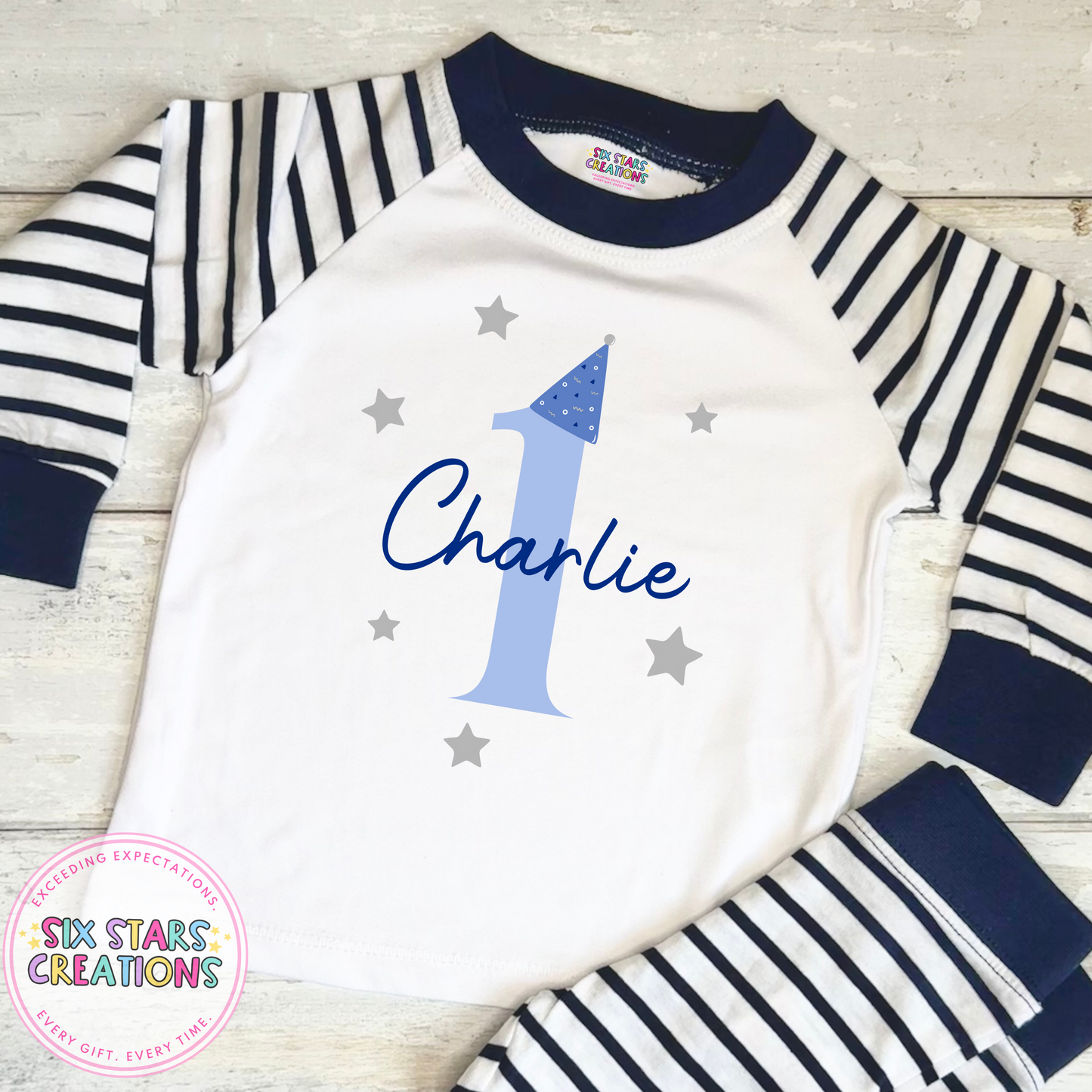 Personalised Birthday Pyjamas - Number 1 Blue Party Hat Design