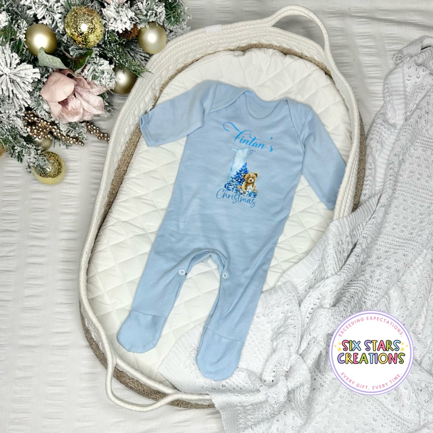 Personalised 1st Christmas Baby Romper - Blue or Pink