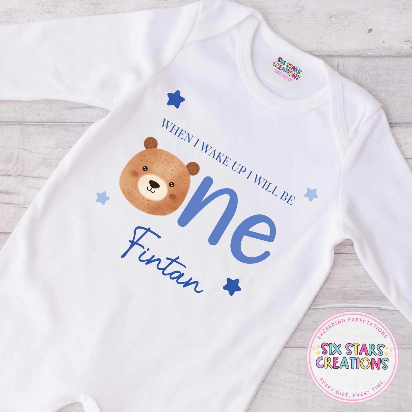 Personalised Birthday Romper - When I Wake Up I Will Be One Blue Bear Design