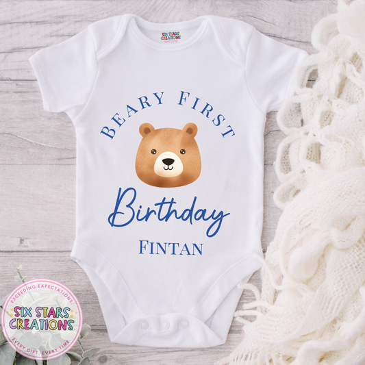 Personalised Birthday Bodysuit - Beary First Birthday Blue Design