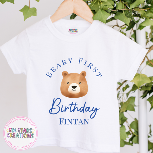 Personalised Birthday T-Shirt - Beary First Birthday Blue Design