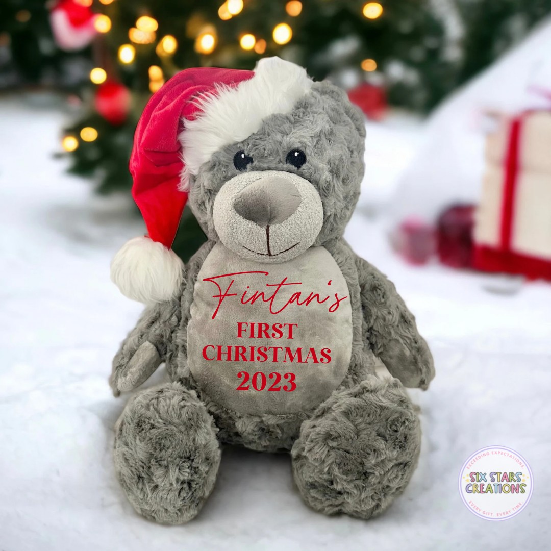 Personalised First Christmas Grey Bear With Santa Hat