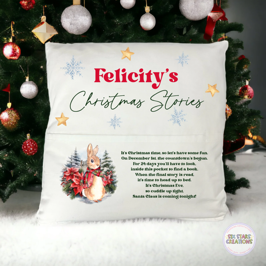 Personalised Christmas Stories 24 day Countdown Pocket Cushion Personalised - Bunny design