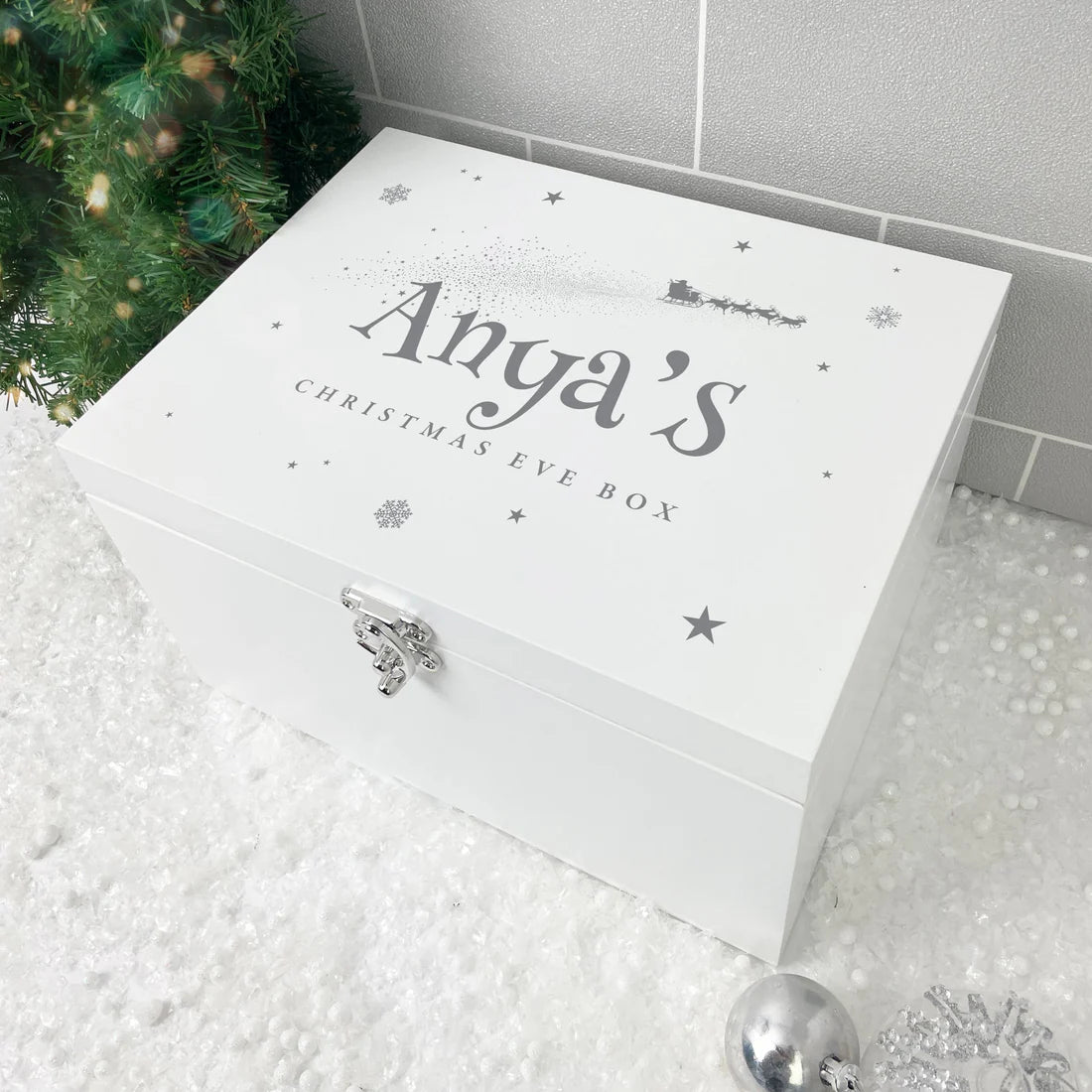 Personalised White Wooden Santa Sleigh Christmas Eve Box - 3 Sizes