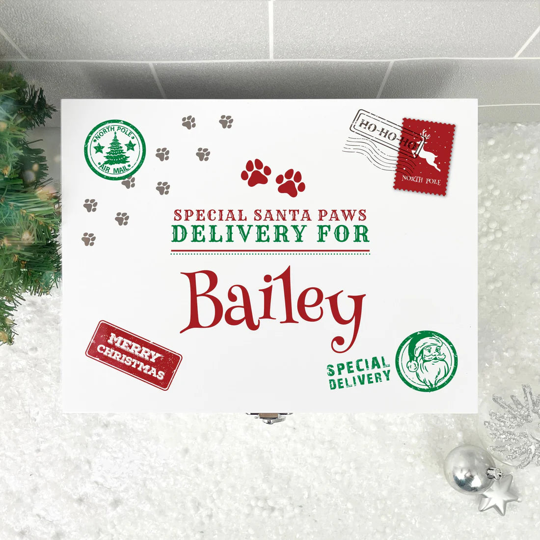 Personalised White Wooden North Pole Stamp Pet Christmas Eve Box - 3 Sizes