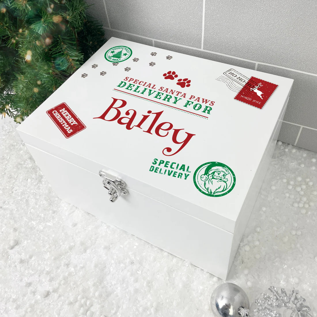 Personalised White Wooden North Pole Stamp Pet Christmas Eve Box - 3 Sizes