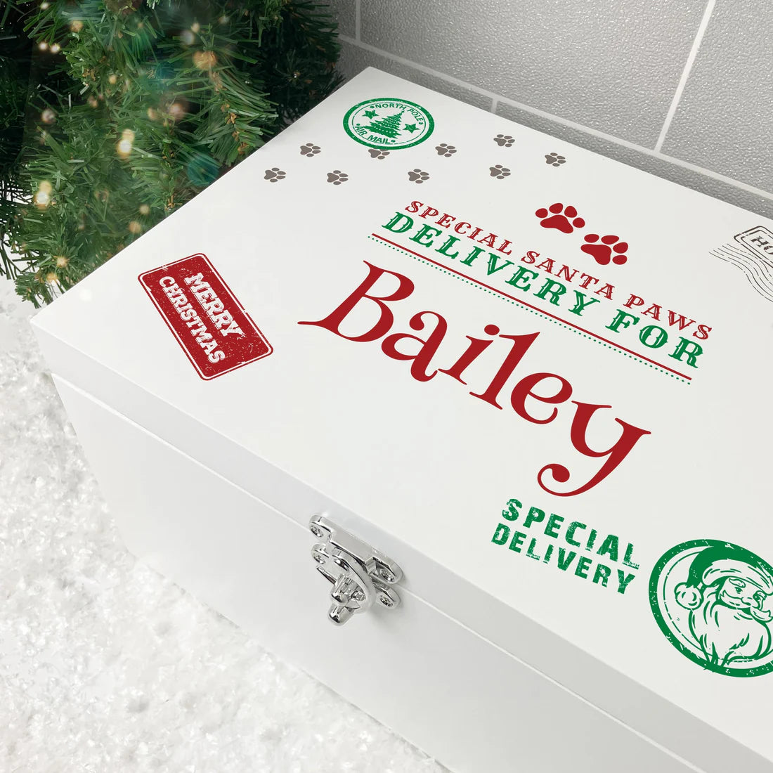 Personalised White Wooden North Pole Stamp Pet Christmas Eve Box - 3 Sizes