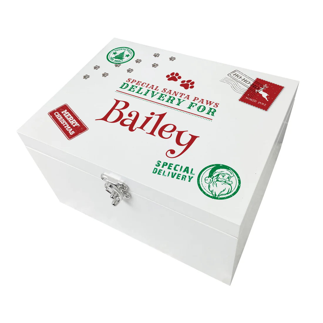 Personalised White Wooden North Pole Stamp Pet Christmas Eve Box - 3 Sizes