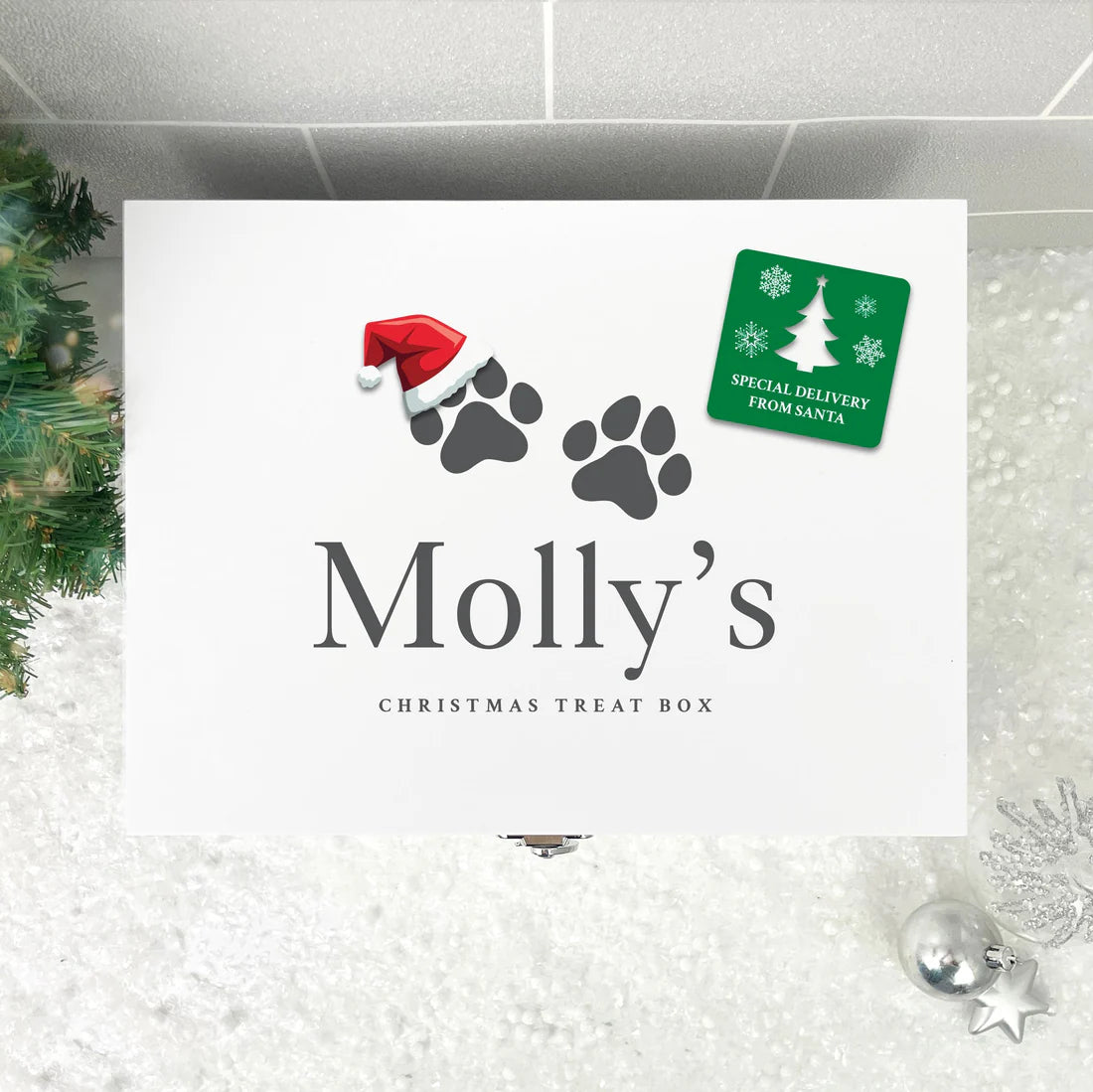 Personalised White Wooden Santa Hat Paws Pet Christmas Eve Box - 3 Sizes