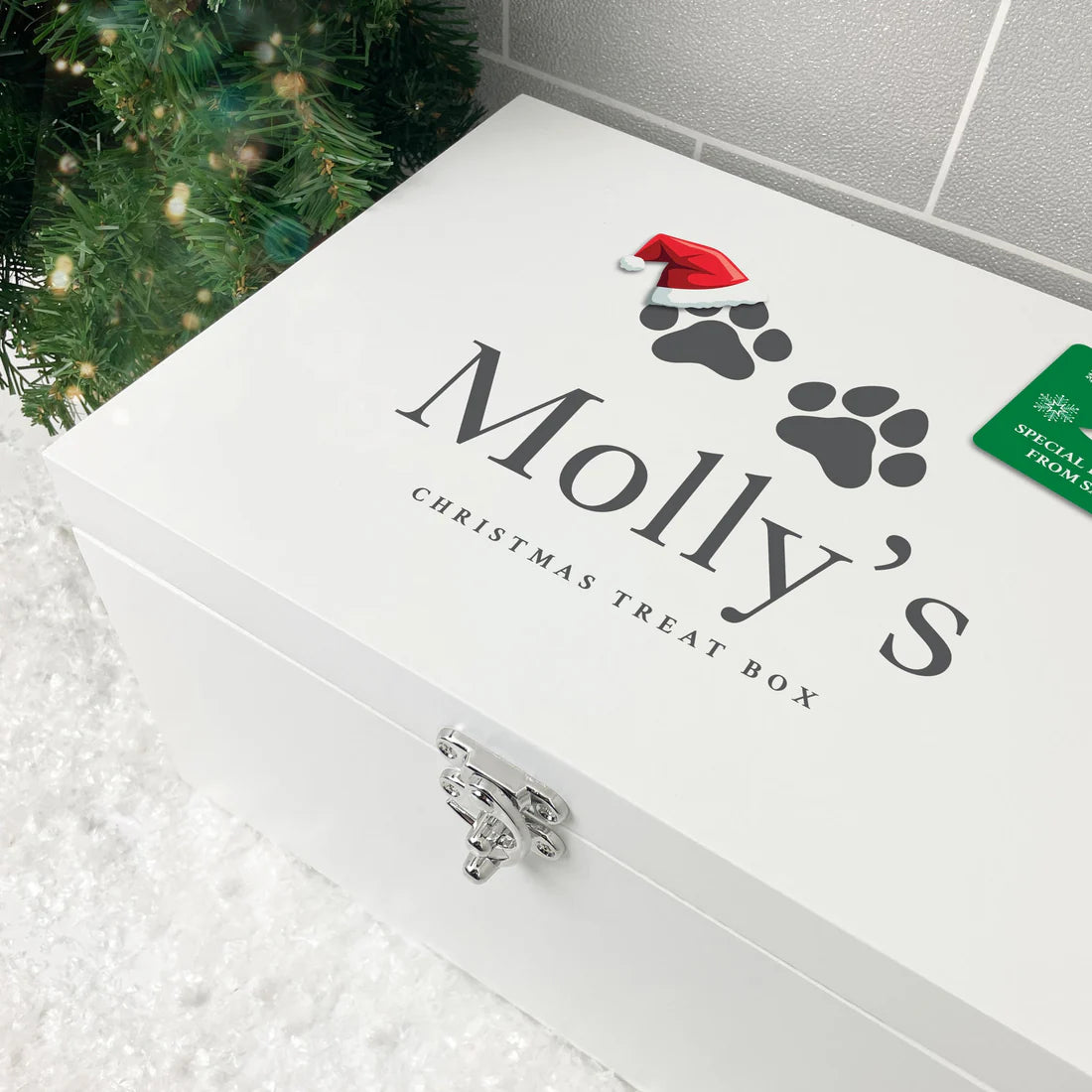 Personalised White Wooden Santa Hat Paws Pet Christmas Eve Box - 3 Sizes