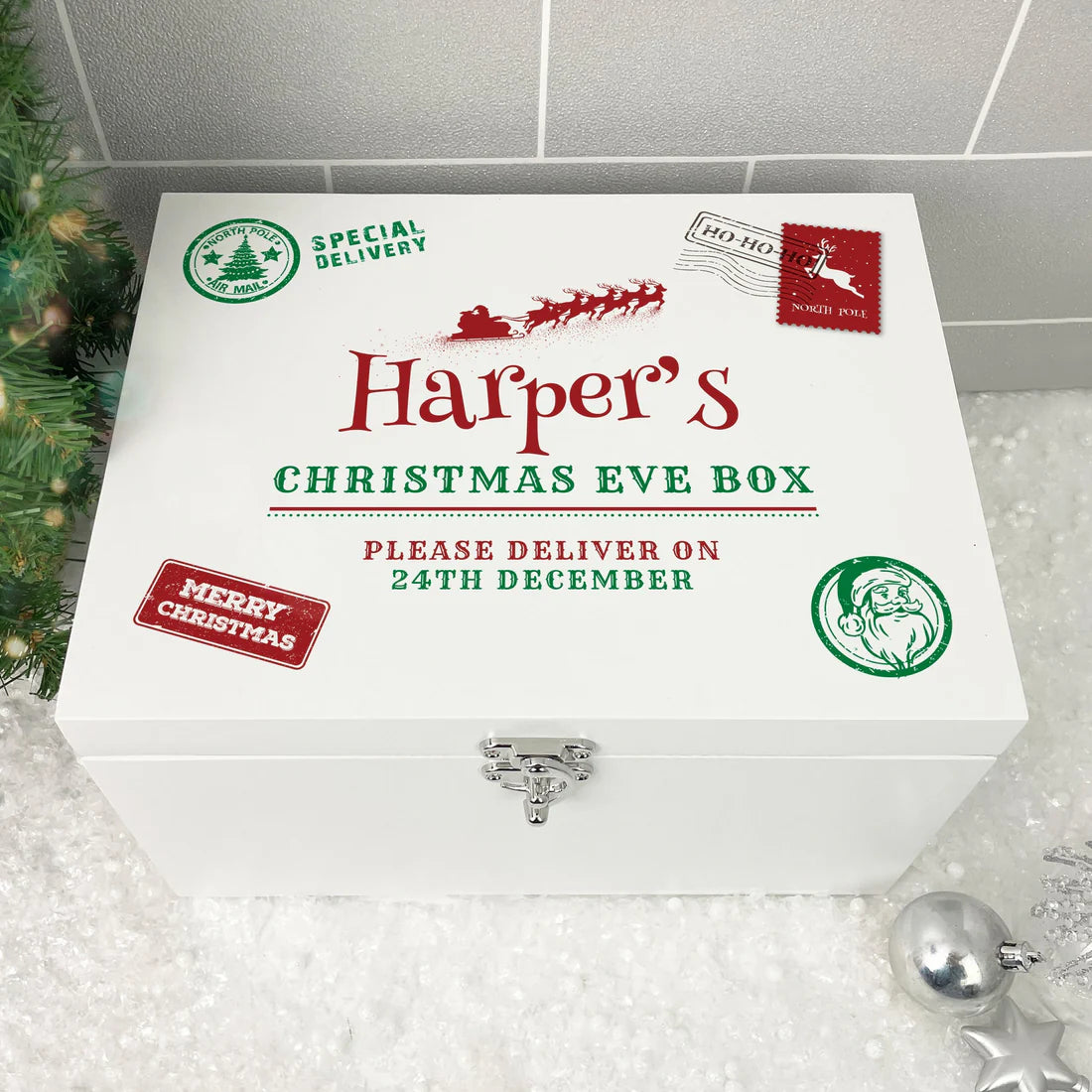 Personalised White Wooden North Pole Postal Stamp Christmas Eve Box - 3 Sizes