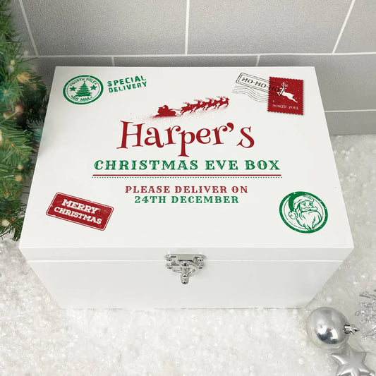 Personalised White Wooden North Pole Postal Stamp Christmas Eve Box - 3 Sizes