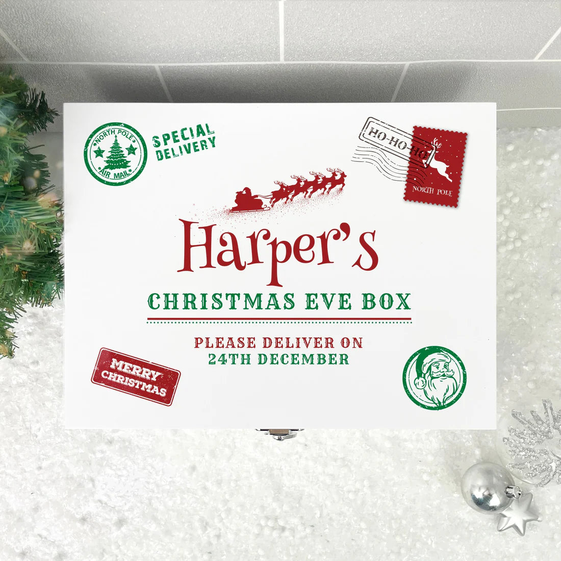 Personalised White Wooden North Pole Postal Stamp Christmas Eve Box - 3 Sizes