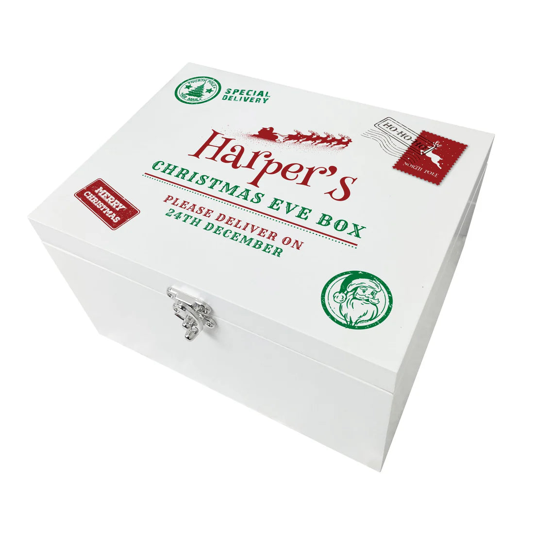 Personalised White Wooden North Pole Postal Stamp Christmas Eve Box - 3 Sizes
