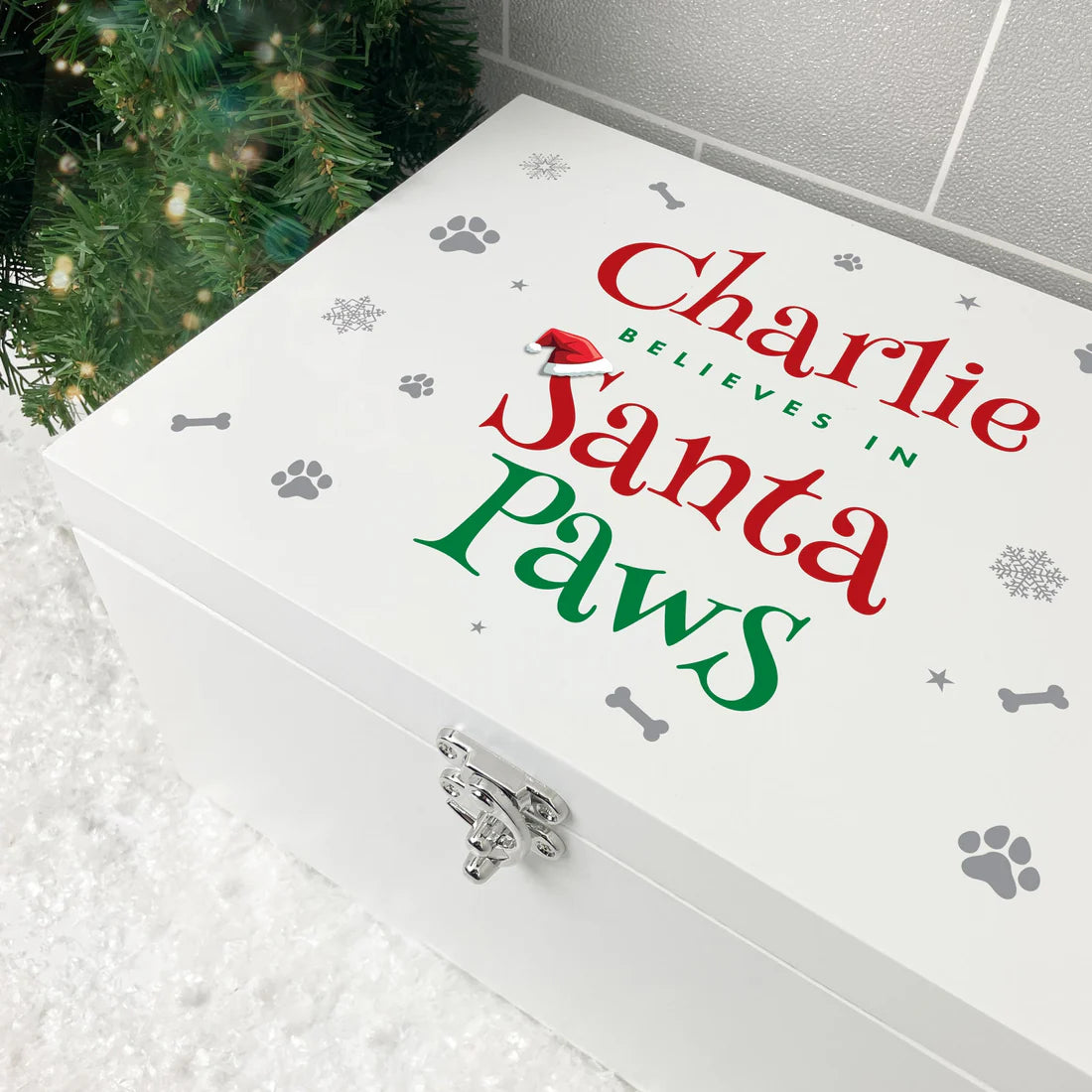 Personalised White Wooden Santa Paws Pet Christmas Eve Box - 3 Sizes