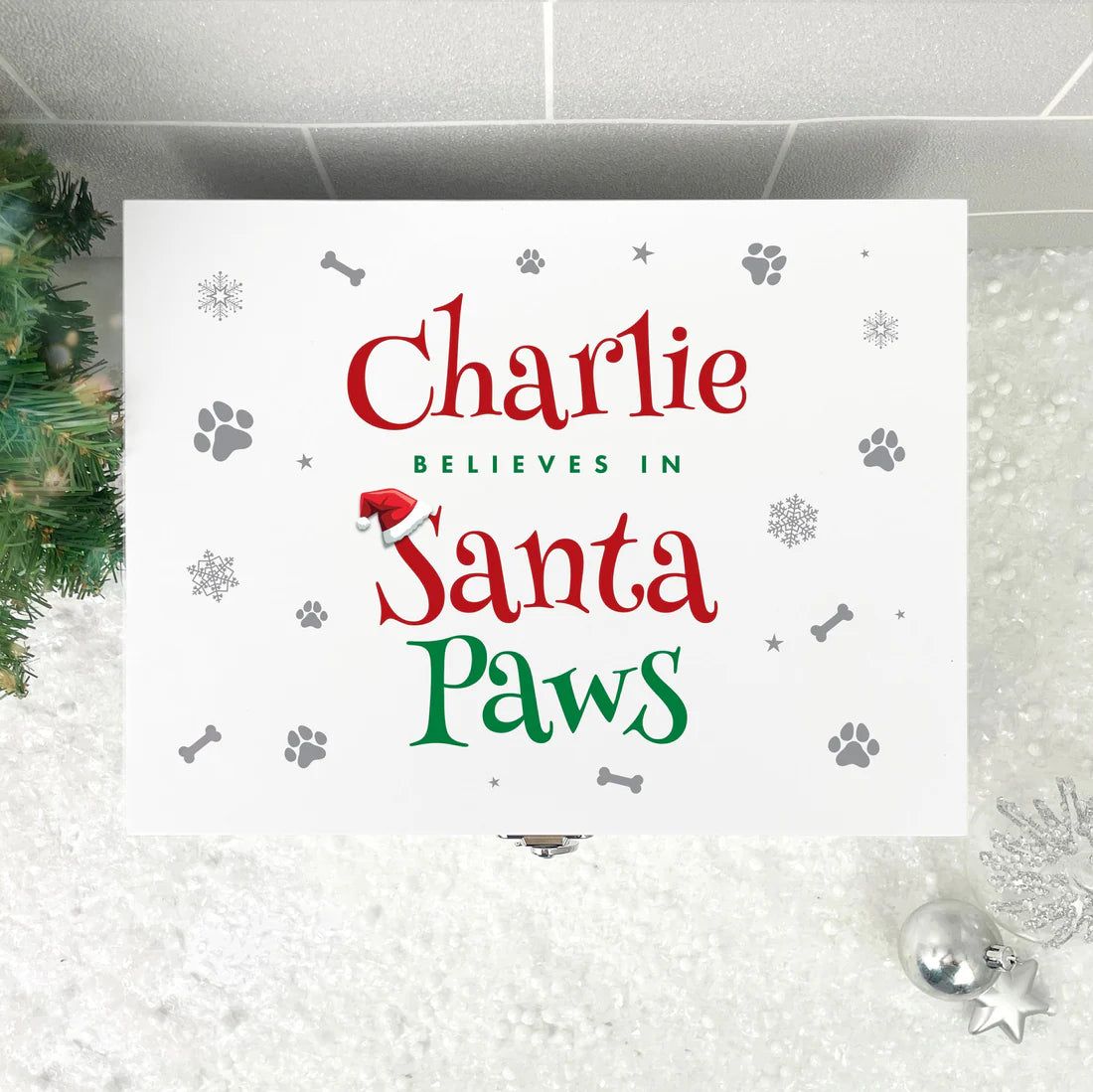 Personalised White Wooden Santa Paws Pet Christmas Eve Box - 3 Sizes