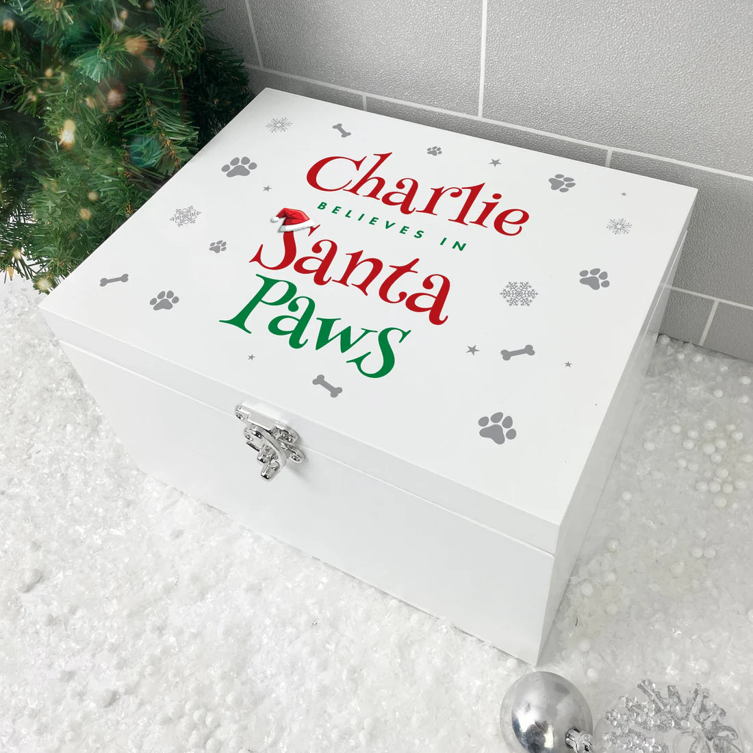 Personalised White Wooden Santa Paws Pet Christmas Eve Box - 3 Sizes