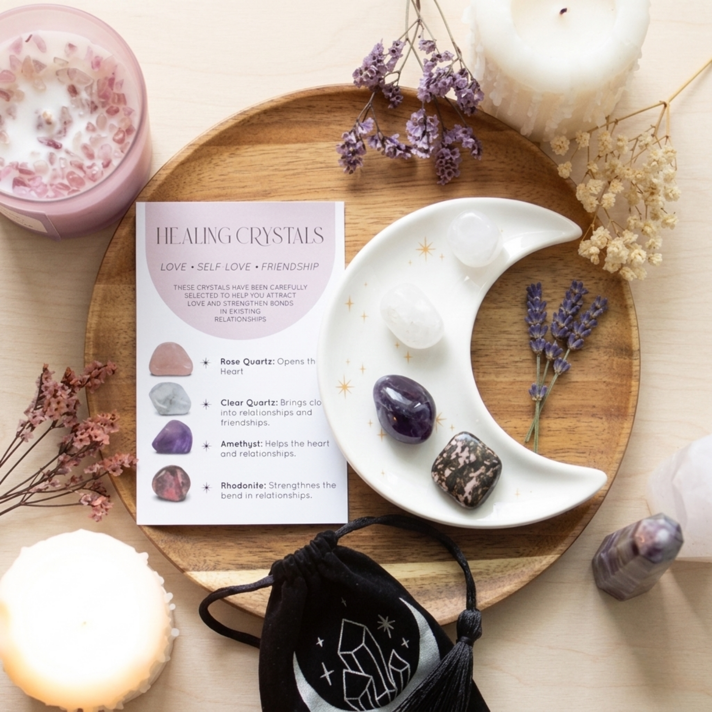 Love Healing Crystal Set with Moon Trinket Dish