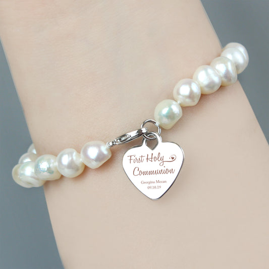 Personalised First Holy Communion Swirls And Hearts White Freshwater Pearl Bracelet