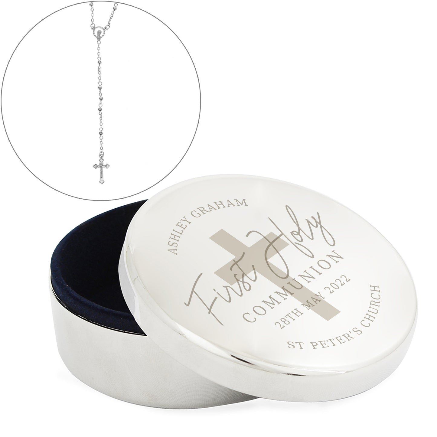 Personalised First Holy Communion Round Trinket Box And Rosary Beads Set
