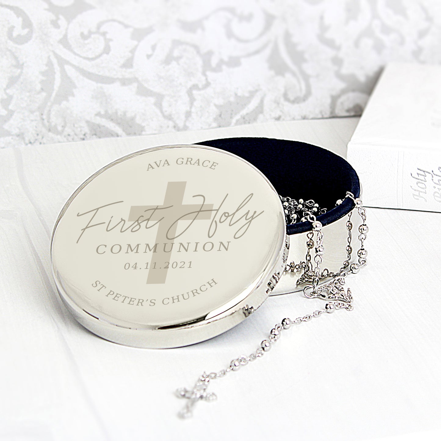 Personalised First Holy Communion Round Trinket Box And Rosary Beads Set