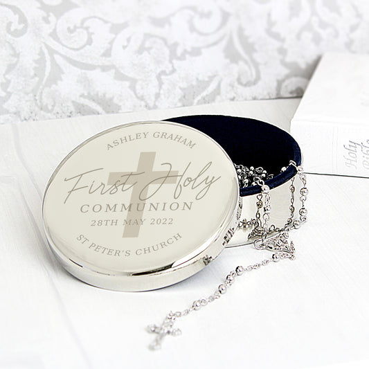 Personalised First Holy Communion Round Trinket Box And Rosary Beads Set