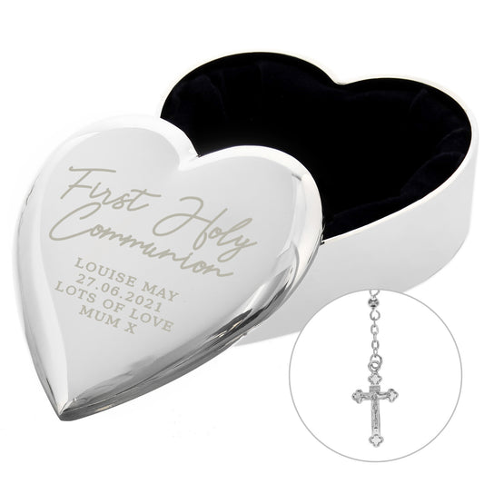 Personalised First Holy Communion Rosary Beads And Cross Heart Trinket Box