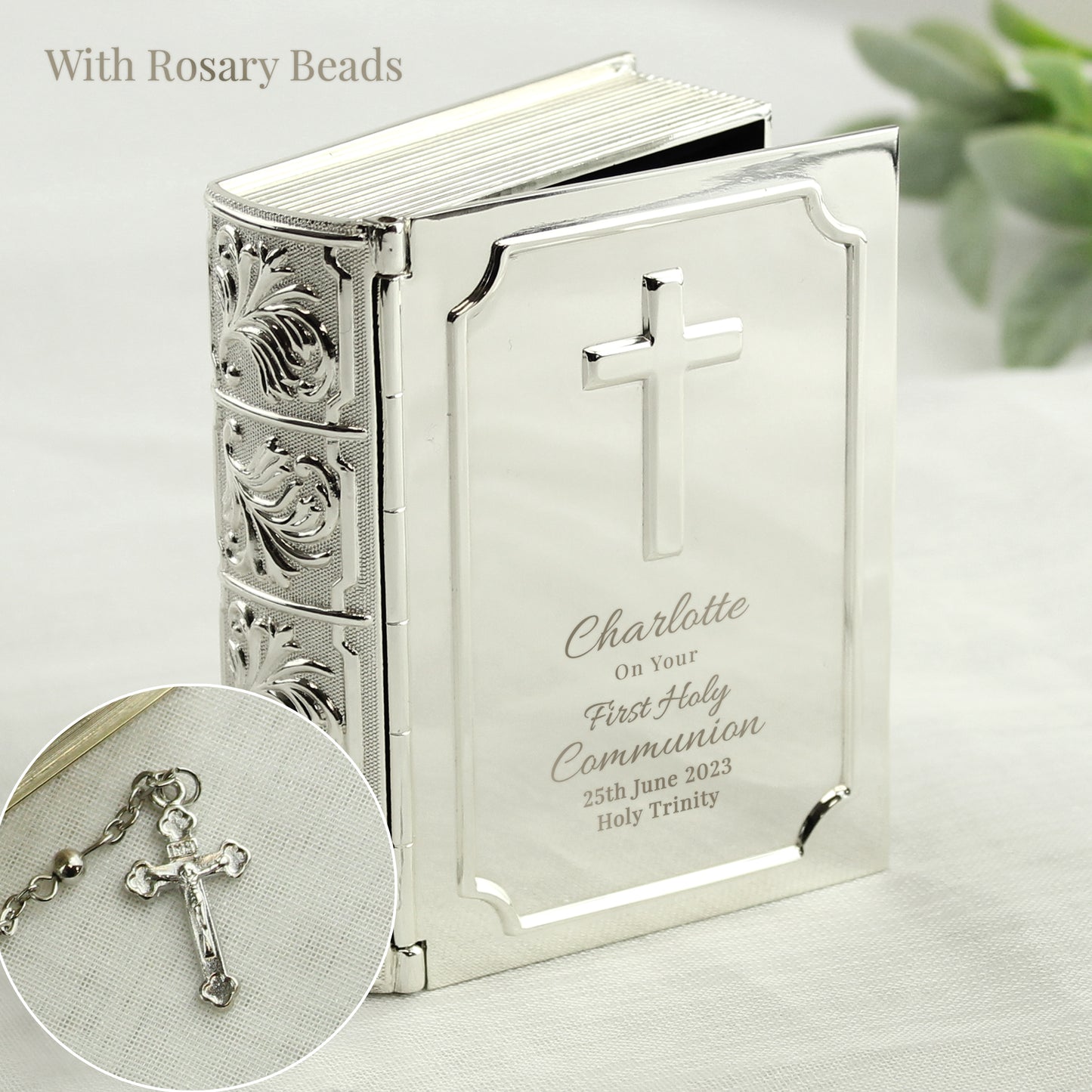 Personalised First Holy Communion Bible Trinket Box With Rosary Beads