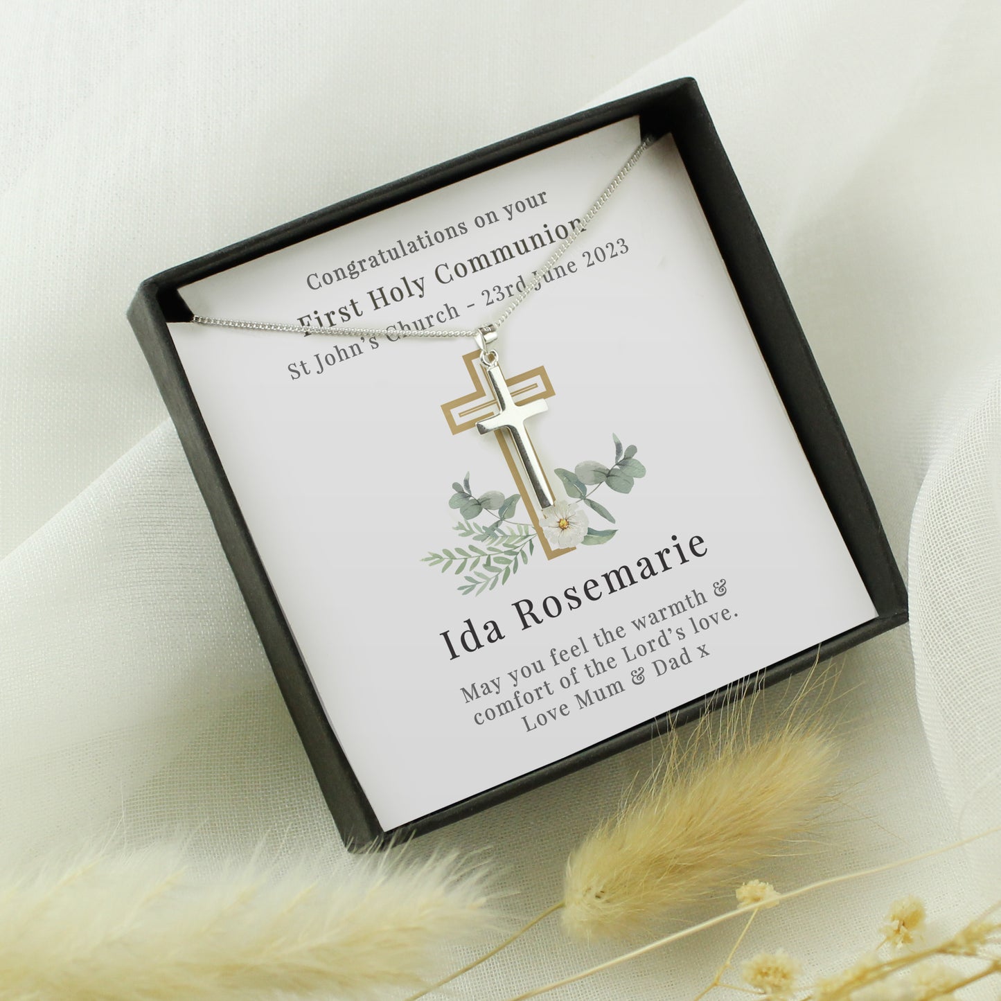 Personalised Floral Religious Sentiment Cross Necklace And Gift Box