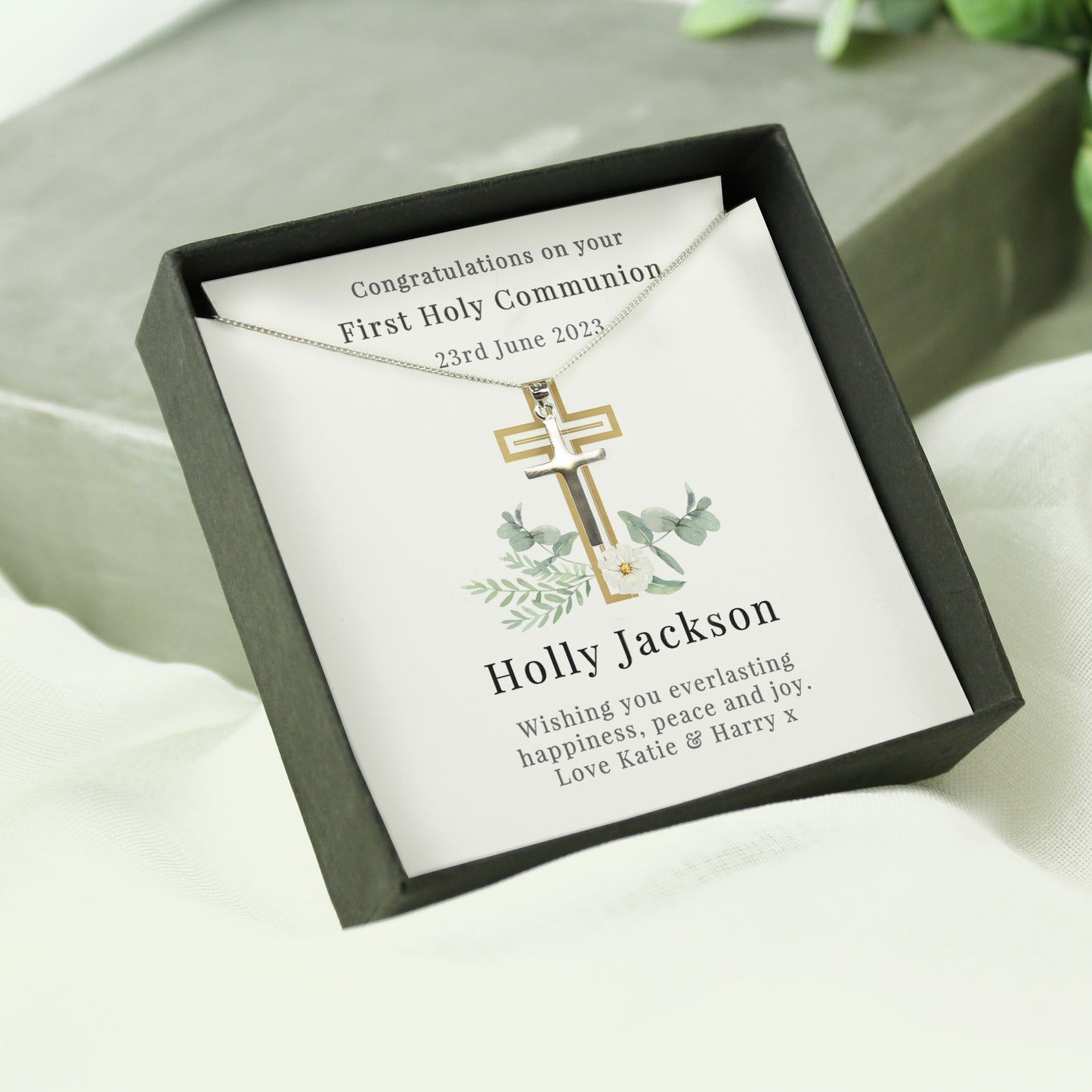 Personalised Floral Religious Sentiment Cross Necklace And Gift Box