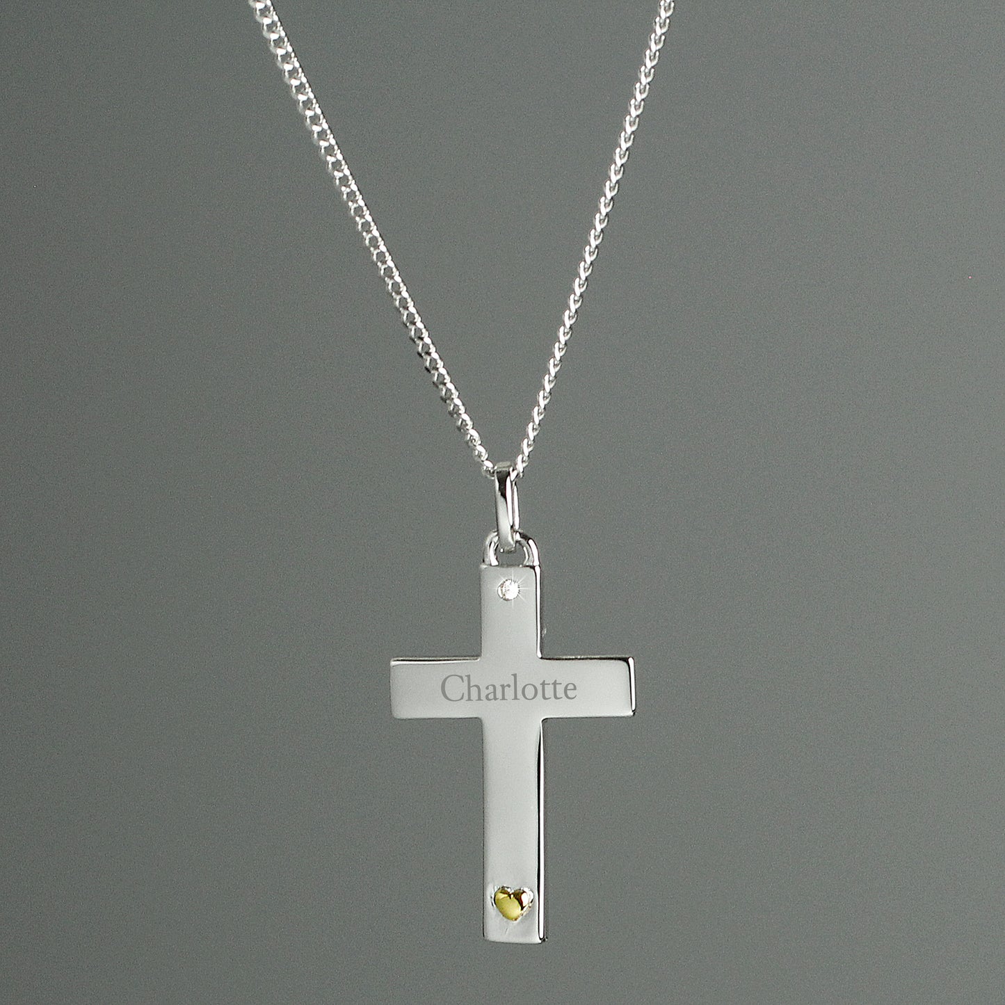 Personalised Sterling Silver Cross With 9ct Gold Heart And Cubic Zirconia Necklace