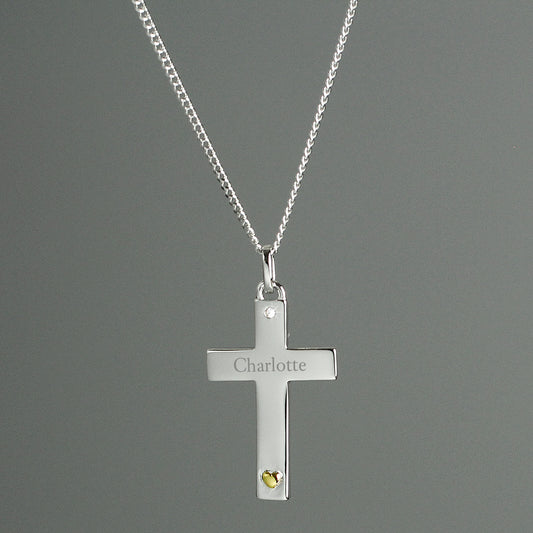 Personalised Sterling Silver Cross With 9ct Gold Heart And Cubic Zirconia Necklace