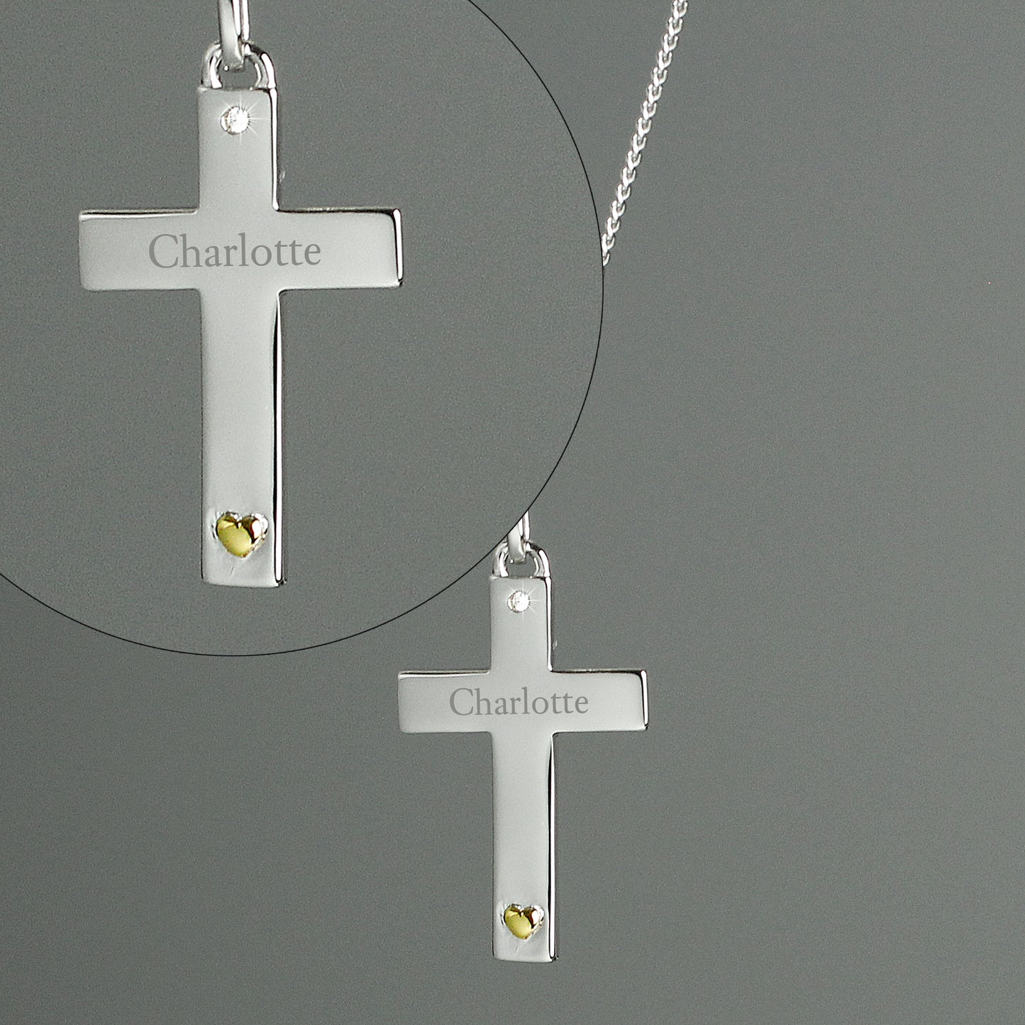 Personalised Sterling Silver Cross With 9ct Gold Heart And Cubic Zirconia Necklace