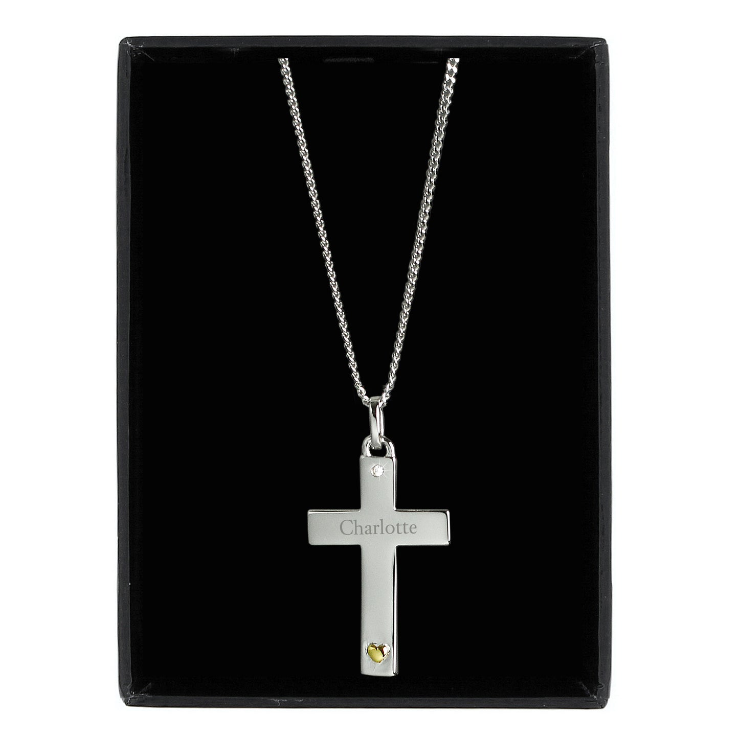 Personalised Sterling Silver Cross With 9ct Gold Heart And Cubic Zirconia Necklace