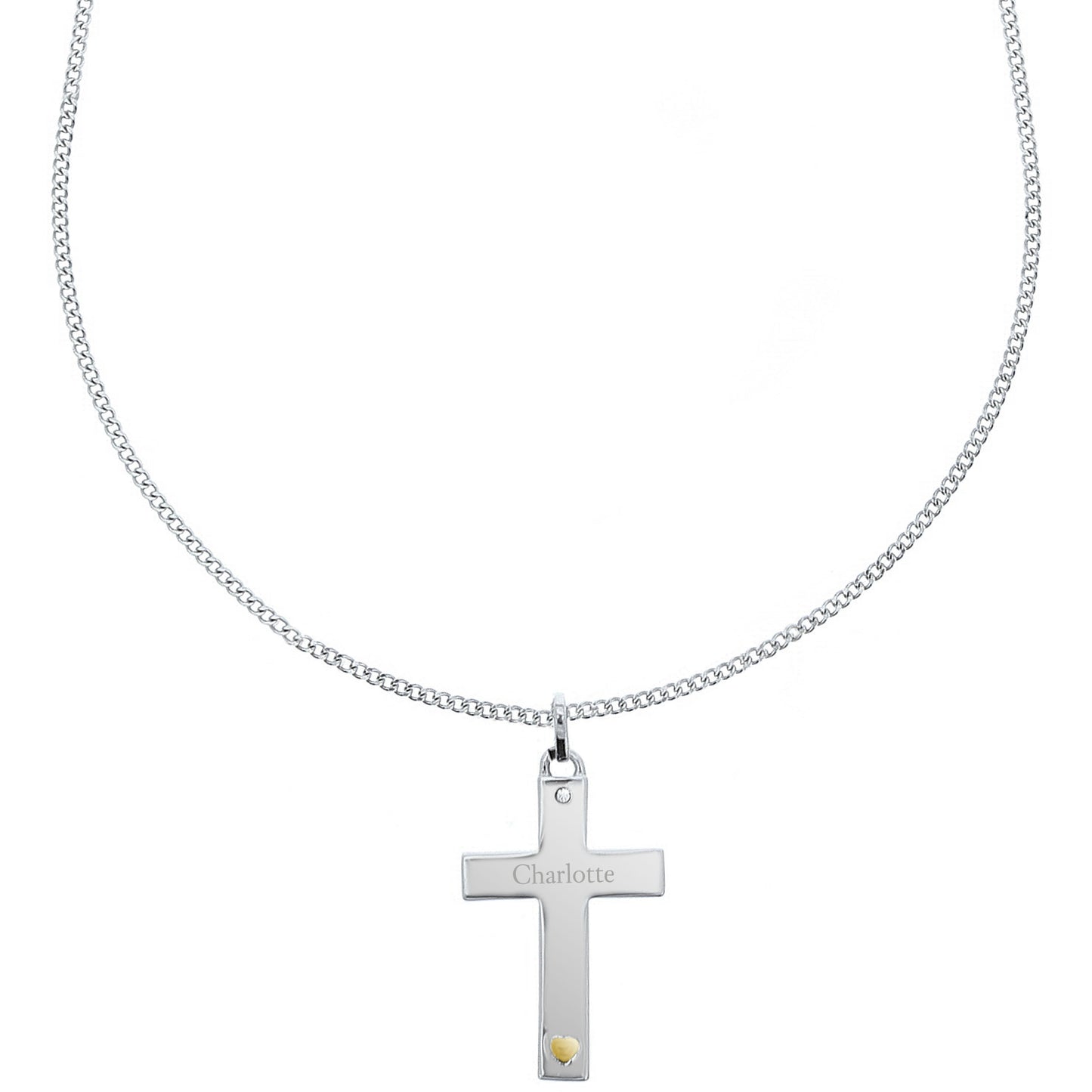 Personalised Sterling Silver Cross With 9ct Gold Heart And Cubic Zirconia Necklace