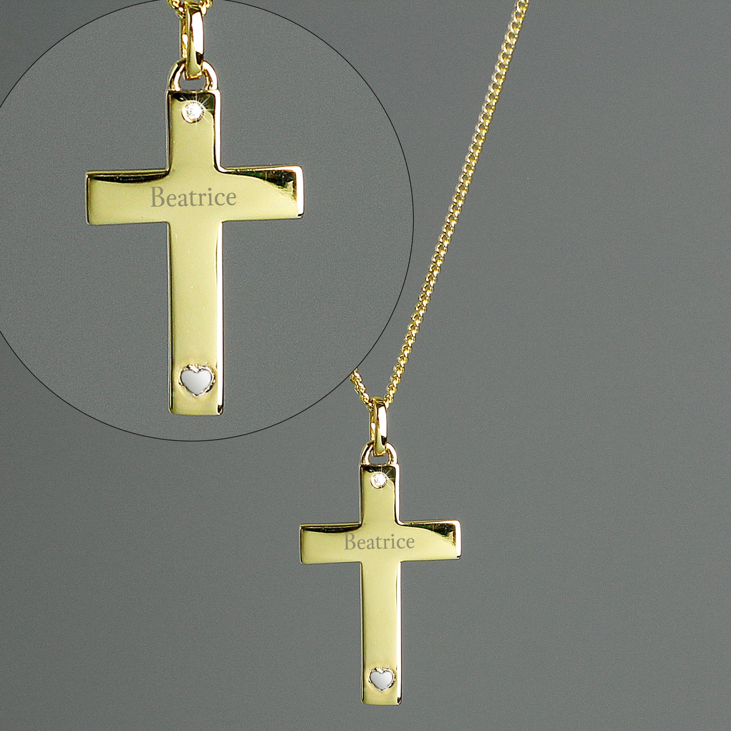 Personalised 9ct Gold Cross With Sterling Silver Heart And Cubic Zirconia Necklace