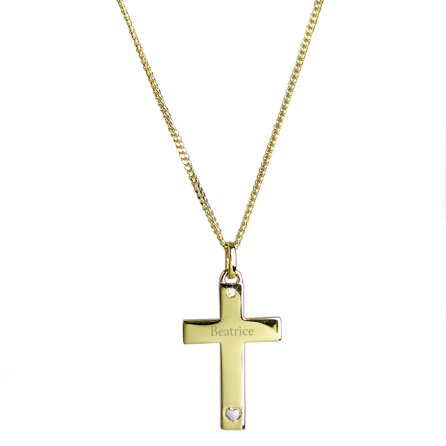 Personalised 9ct Gold Cross With Sterling Silver Heart And Cubic Zirconia Necklace