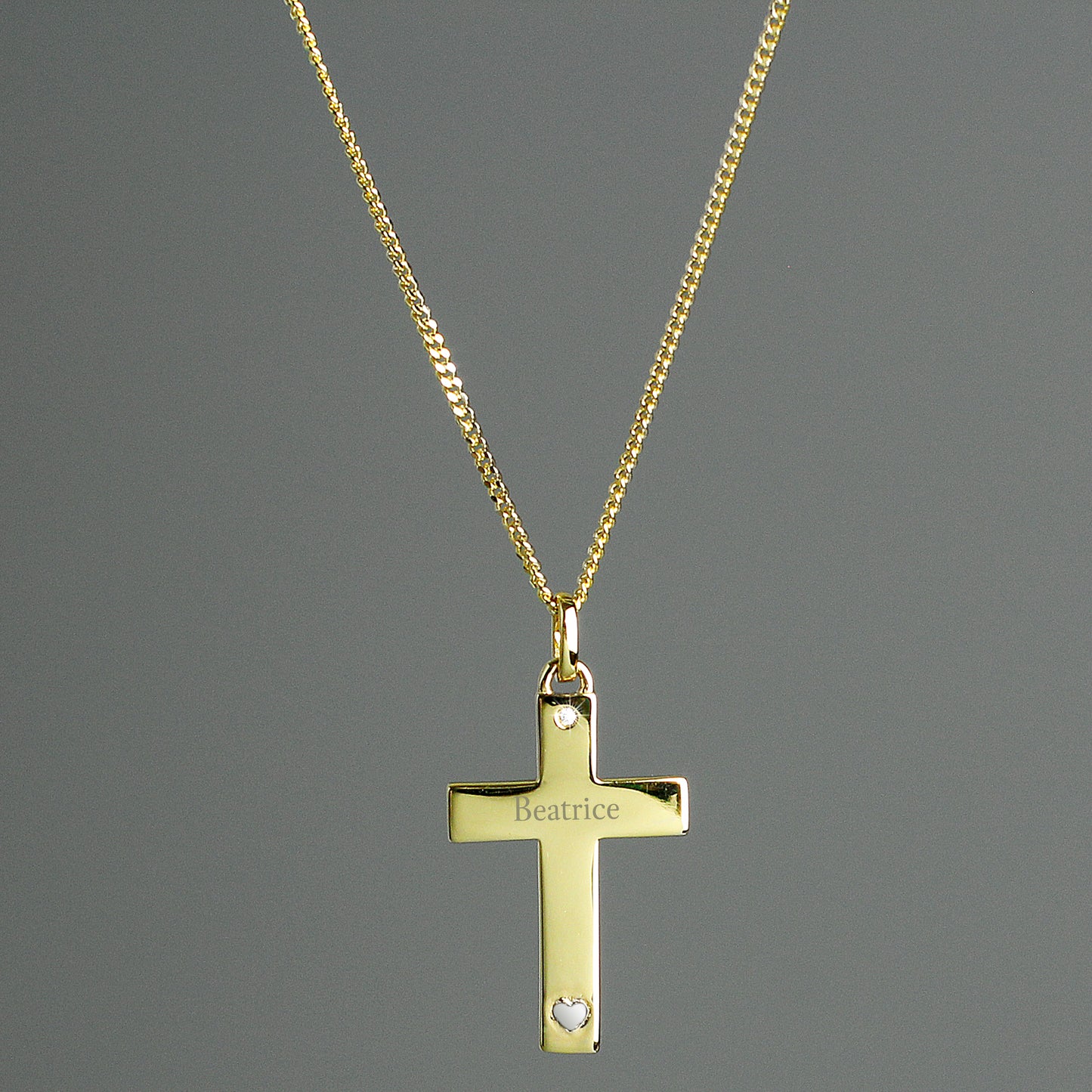 Personalised 9ct Gold Cross With Sterling Silver Heart And Cubic Zirconia Necklace