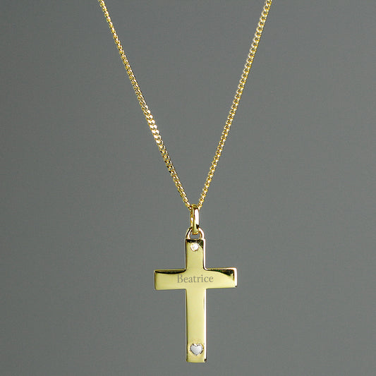 Personalised 9ct Gold Cross With Sterling Silver Heart And Cubic Zirconia Necklace