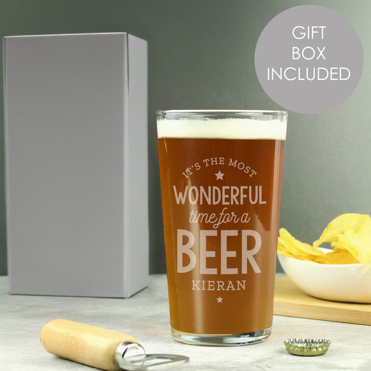 Personalised 'It's The Most Wonderful Time For A Beer' Pint Glass Gift Boxed