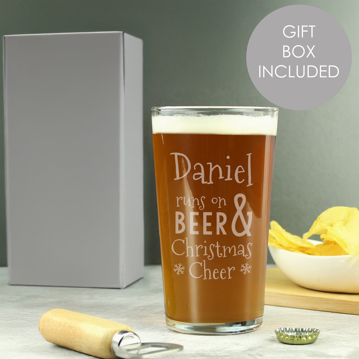 Personalised 'Runs On Beer And Christmas Cheer' Pint Glass Gift Boxed