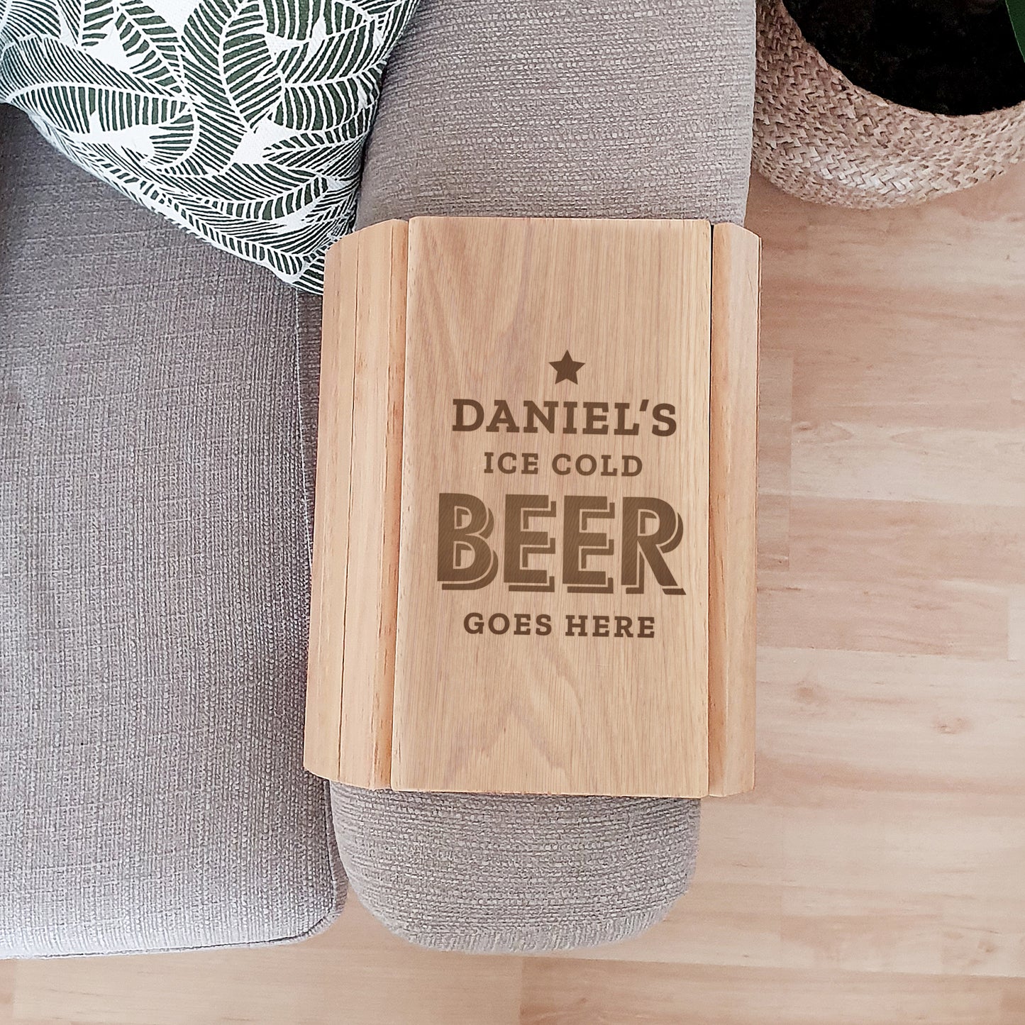 Personalised 'Ice Cold Beer Goes Here' Wooden Sofa Tray
