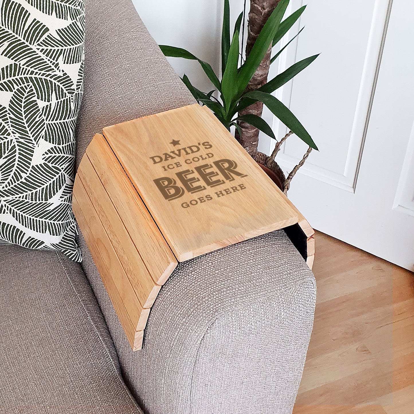 Personalised 'Ice Cold Beer Goes Here' Wooden Sofa Tray