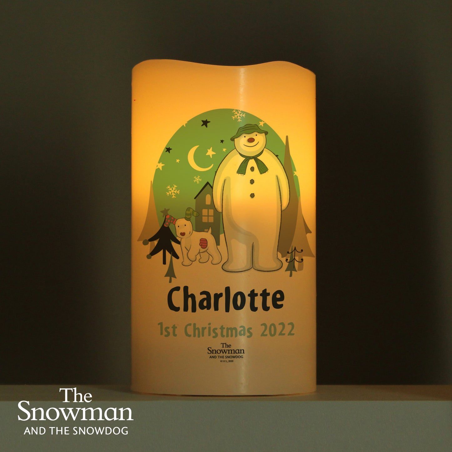 Personalised The Snowman And The Snowdog Christmas Nightlight LED Candle