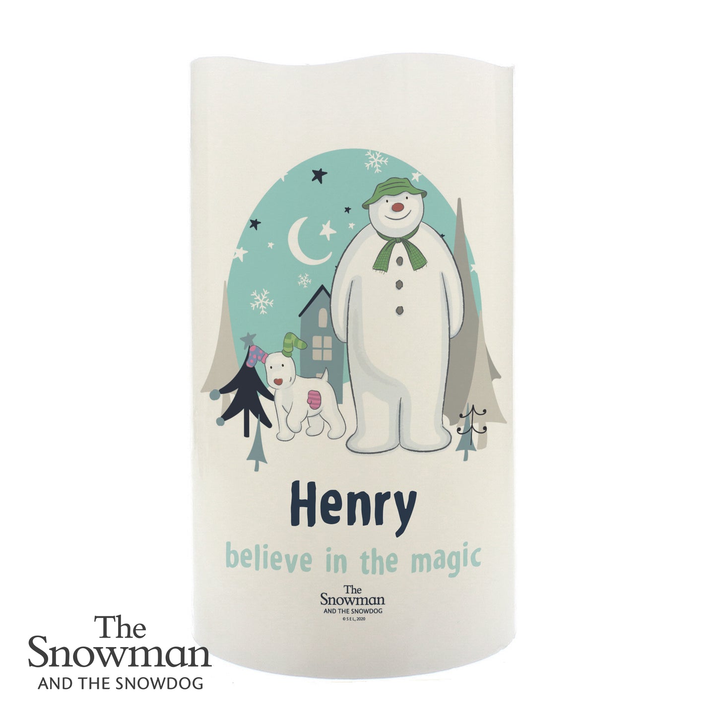 Personalised The Snowman And The Snowdog Christmas Nightlight LED Candle