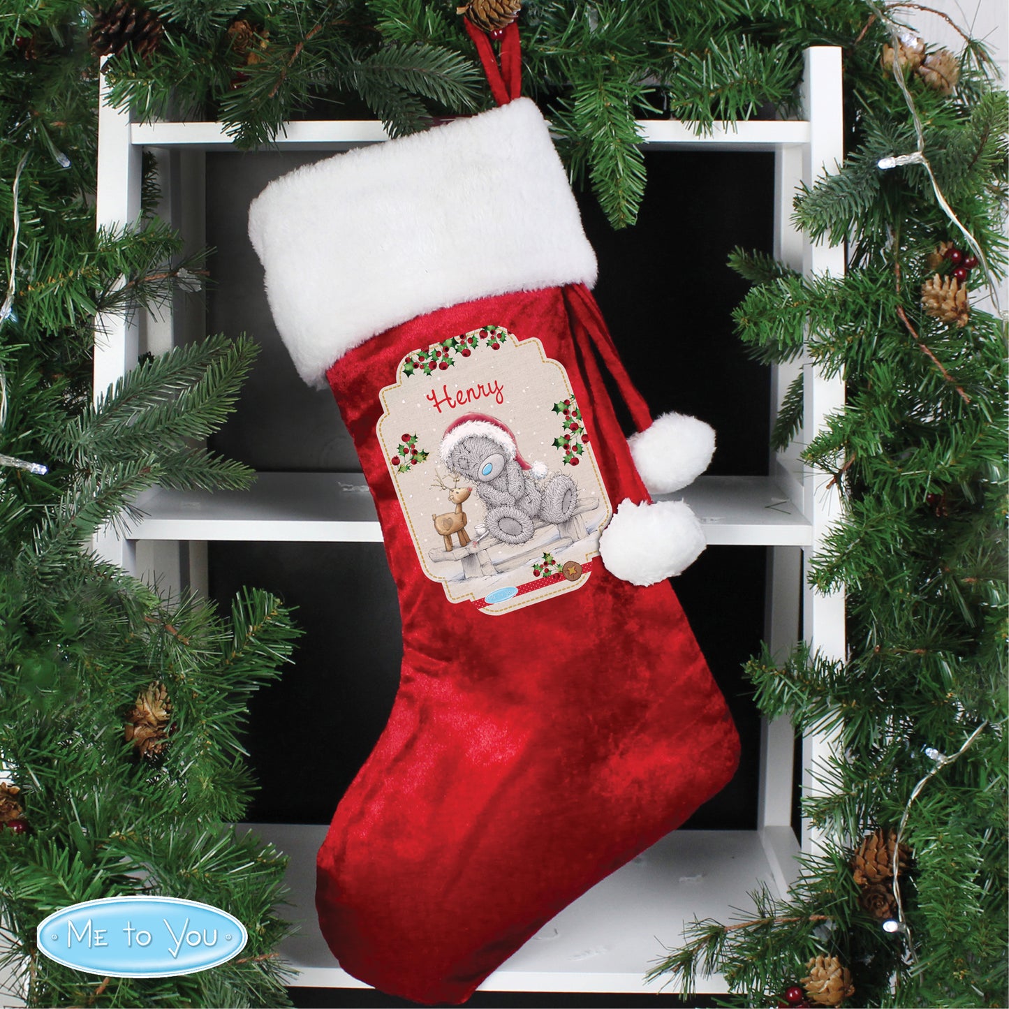 Personalised Me To You Reindeer Luxury Red Stocking